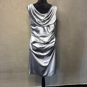 David's Bridal Silver Satin Ruched Cowl Neck Cocktail Dress Size 16